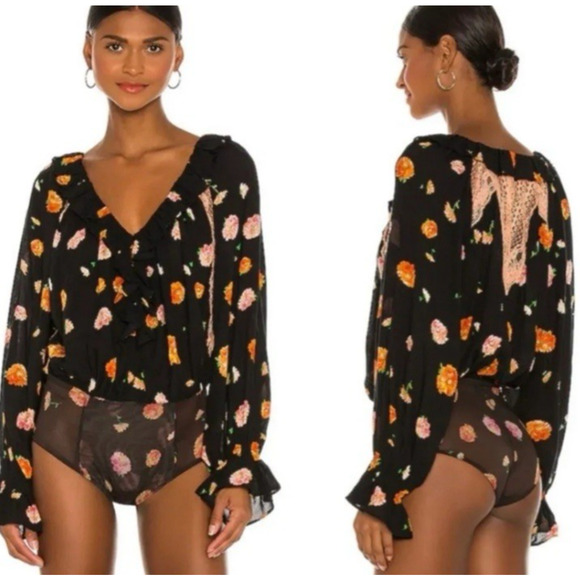 FREE PEOPLE Poppy Printed Bodysuit Sz Small Black Floral Lace Cottagecore Boho - Picture 1 of 14